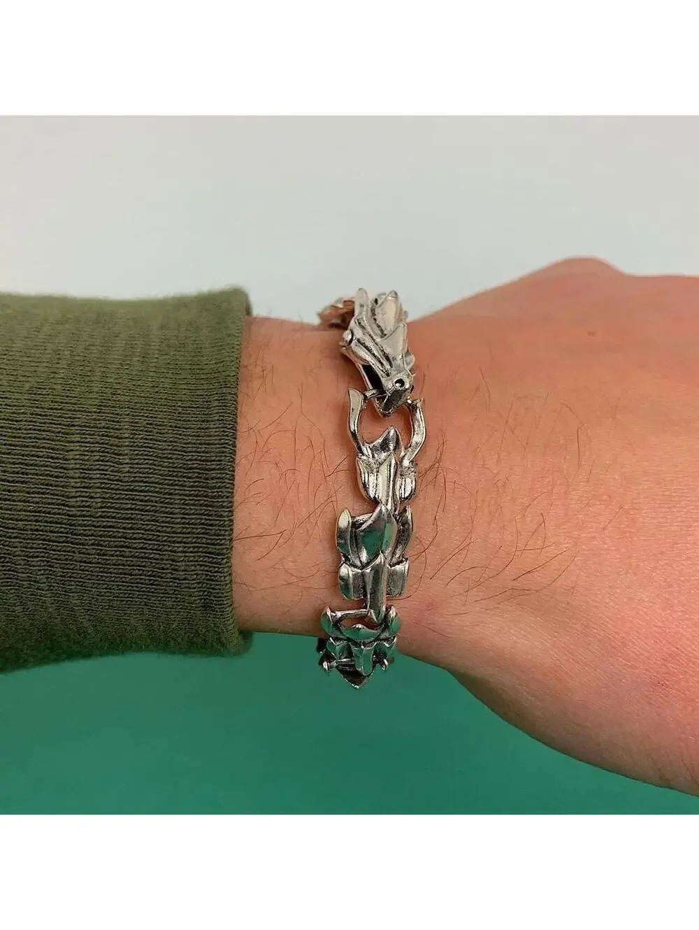 Grunge y2k style Silver stainless steel dragon scale head bracelet